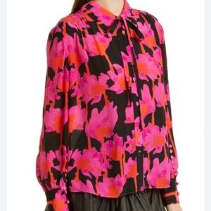 Jason Wu Floral Chiffon Tie Neck Long Sleeve button Down Shirt Excellent Pink